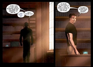 Comic panels where Tony recalls "Jarvis" being happy to see him