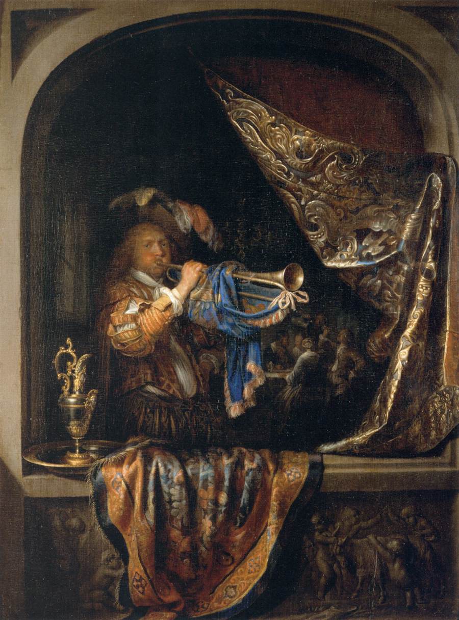 Gerard Dou, Trumpet-Player in front of a Banquet (1660–1665). Oil on panel, 38 x 29 cm (14.9 x 11.4 in). Louvre, Paris