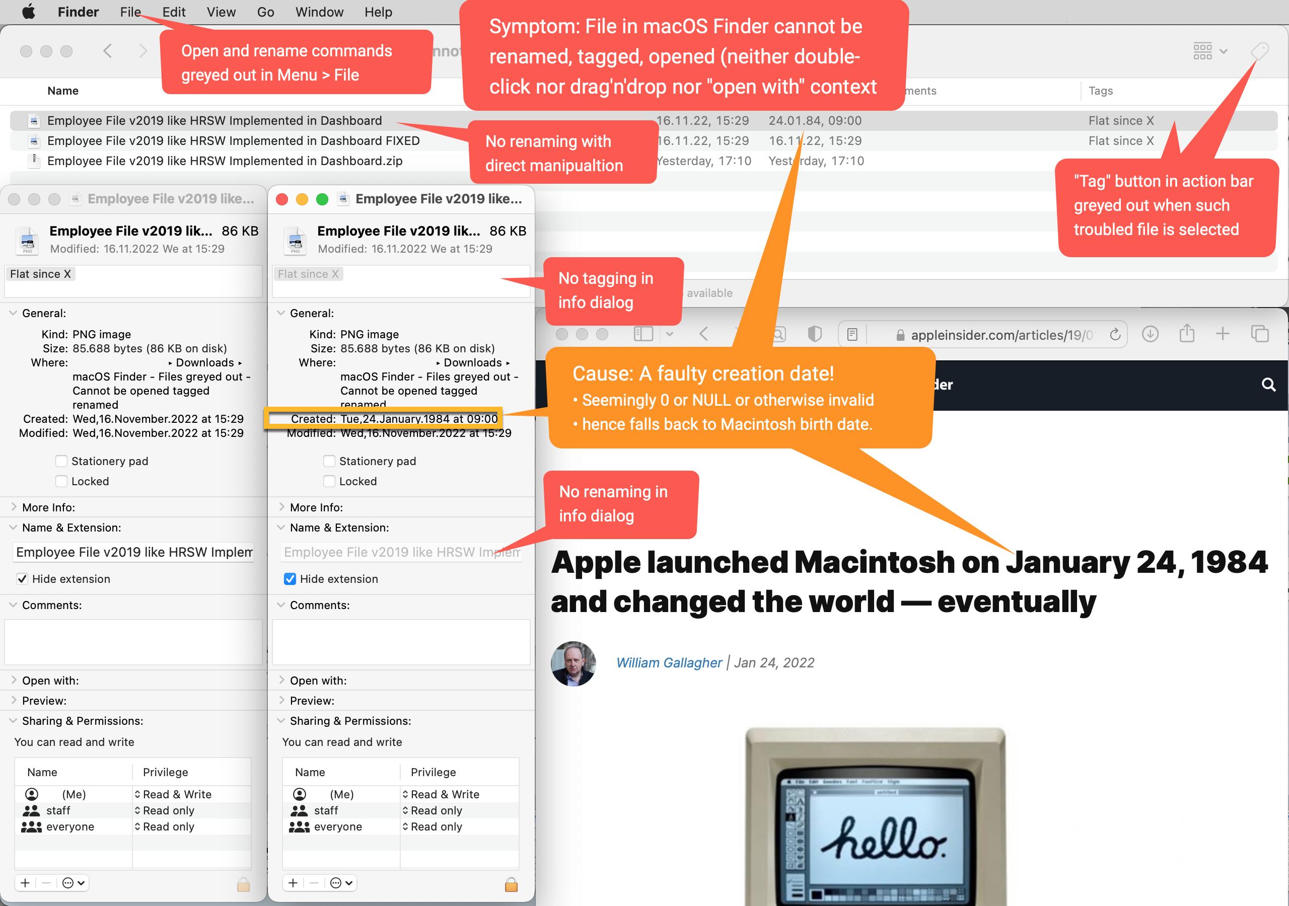 File in Finder cannot be renamed tagged opened due to bad creation date