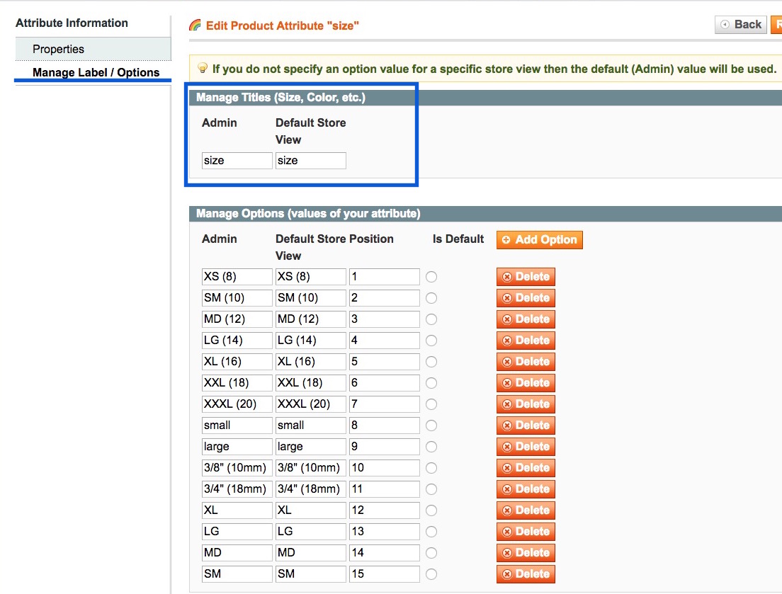 Manage Label / Options