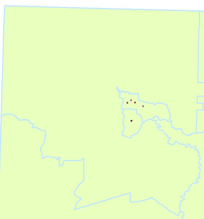 There are no points in the top left census tract, but four points in the census tract directly adjacent to it. The red points are from the median center tool and the purple are from the mean center tool.