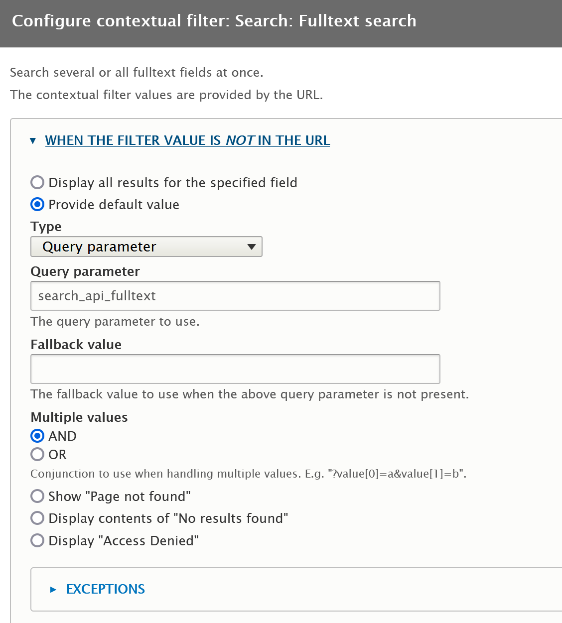 When the filter value is NOT in the URL, use default value provided by query parameter search_api_fulltext