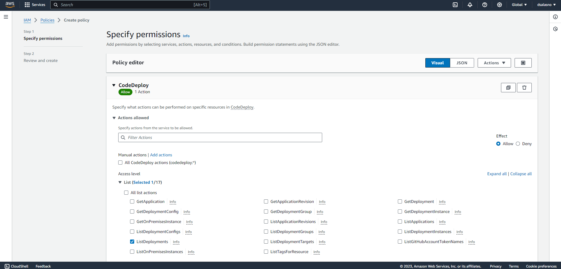 permission selection in AWS 