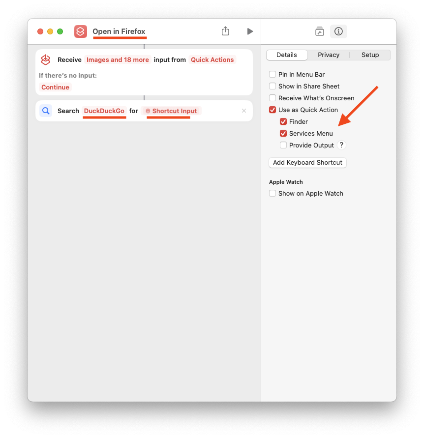 Create a Shortcut to open DuckDuckGo in the macOS default browser