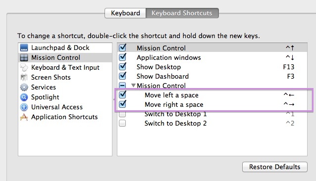 Move Spaces shortcuts