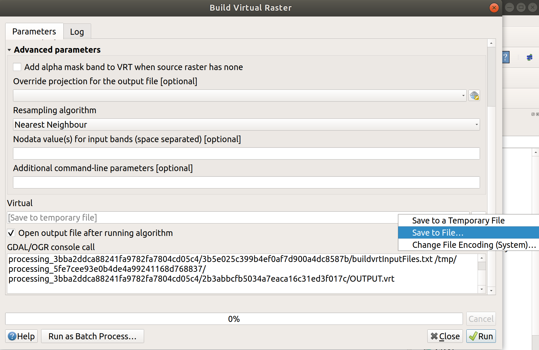 Build Virtual Raster menu for file saving