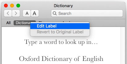 Dictionary screenshot - Renaming a tab button