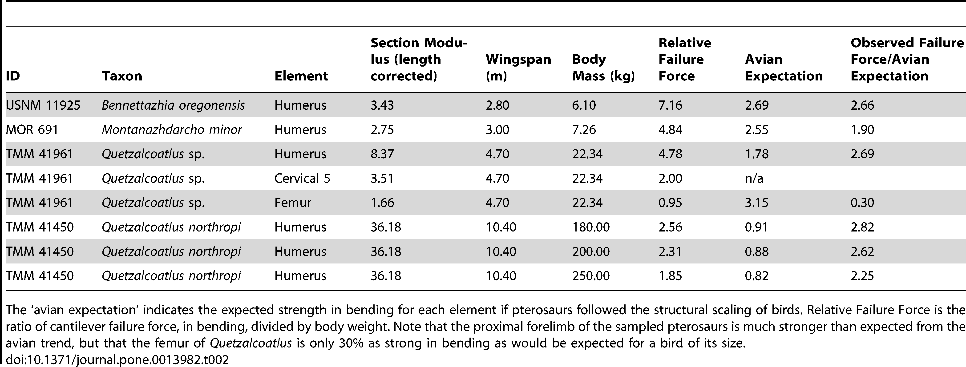 Relative failure force of humerus of different species