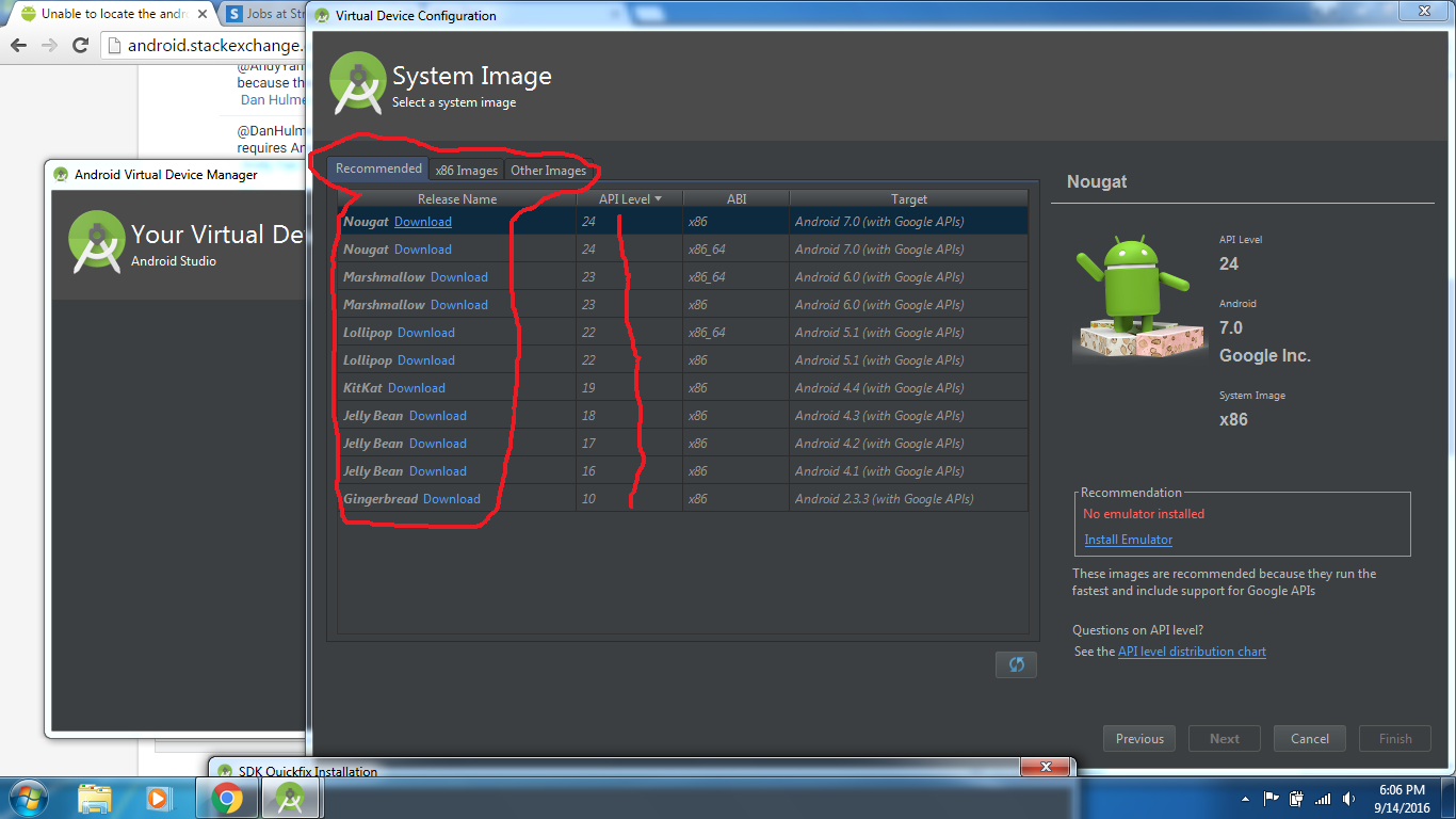 Screen shot of my computer as i had my AVD manager ready to download an API for my Virtual Device