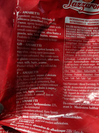 back of a bag of Amaretti Di Sarrono