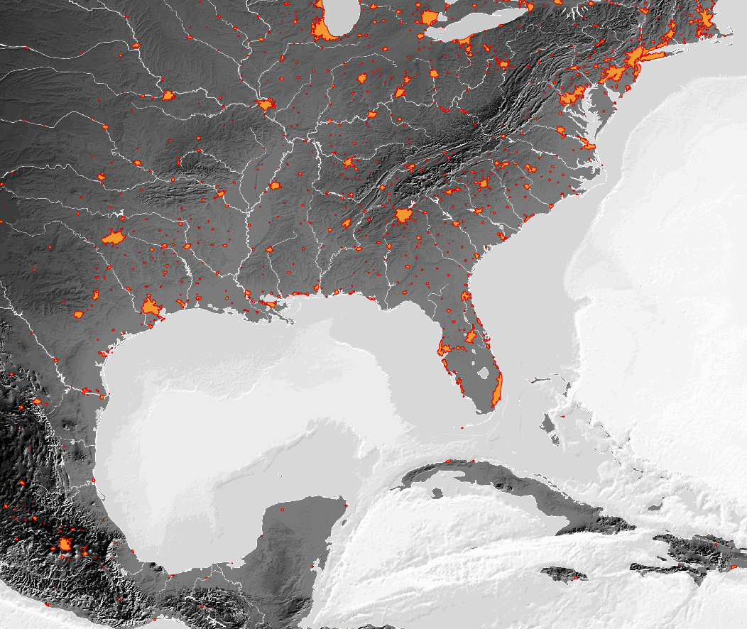 grey earth basemap overlayed with urban areas