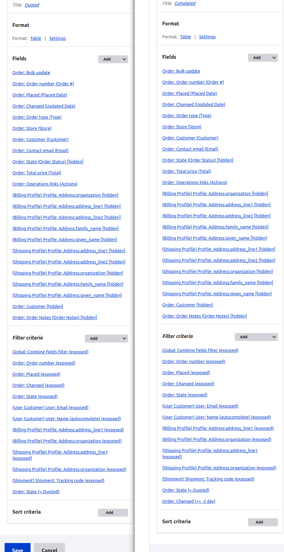 screenshot from CMS admin showing options for Order fields and filters