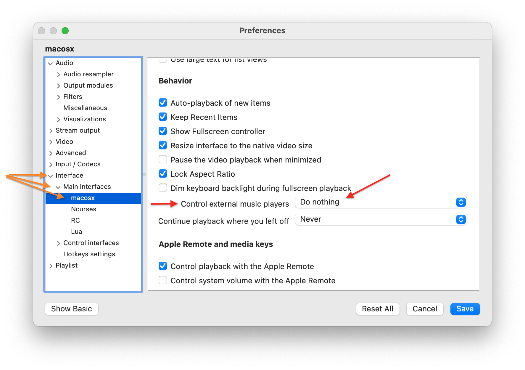 Arrows pointing to the location macosx interface location in the VLC preferences panel