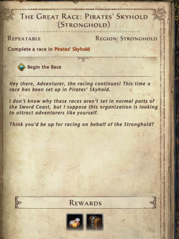 Quest description for "The Great Race: Pirates Stronghold". Transcription below.