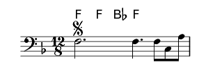 Measure of music with a segno above the staff, and chord symbols above the segno.