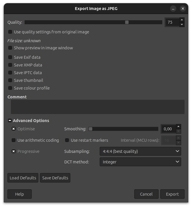 JPEG export options