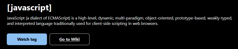 Tag page that shows the tag in square brackets as title, the first sentence of the tag wiki as description, and has two buttons: "Watch tag" and "Go to Wiki".