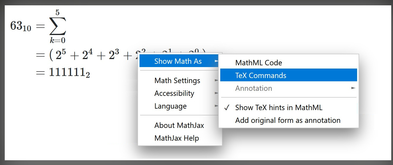 SCREEN CAPTURE OF A MATHJAX FORMULA AND THE CONTEXT MENU