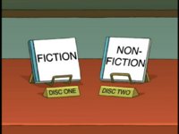 a still from Futurama: "DISC ONE" is labeled "FICTION" and "DISC TWO", "NON-FICTION"