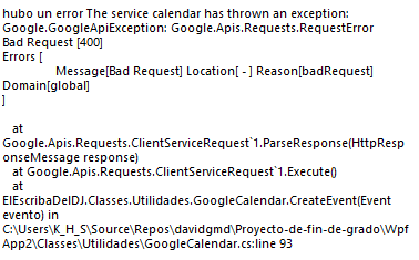 Excepcion cuando se ejecuta execute en la clase googlecalendar