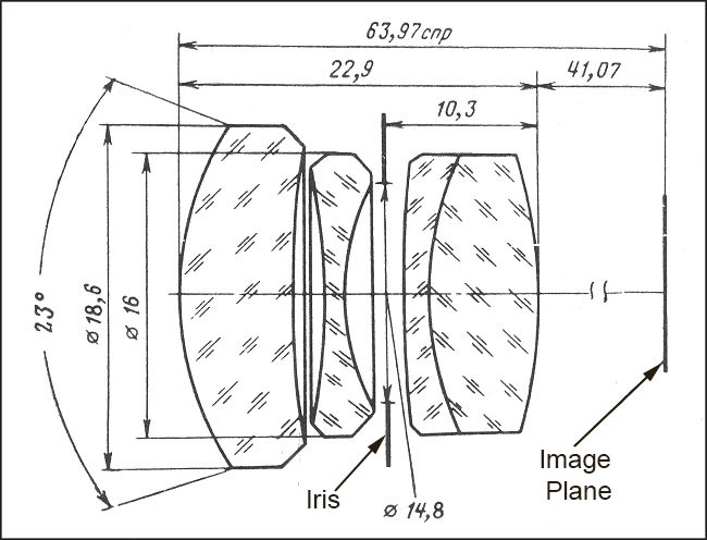 diagram of the lens, it has total 4 elements, two closer to the image plane are glues together