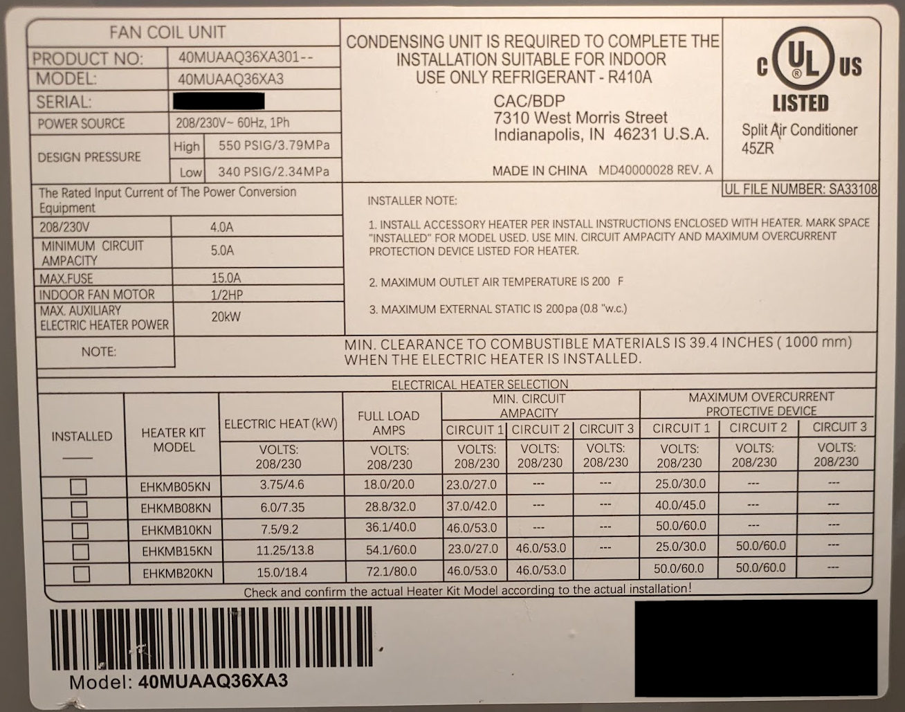 air handler label without sn