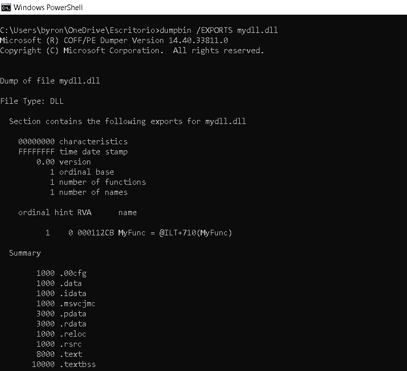 Checking the name of the exported dll function with Visual Studio's developer tool