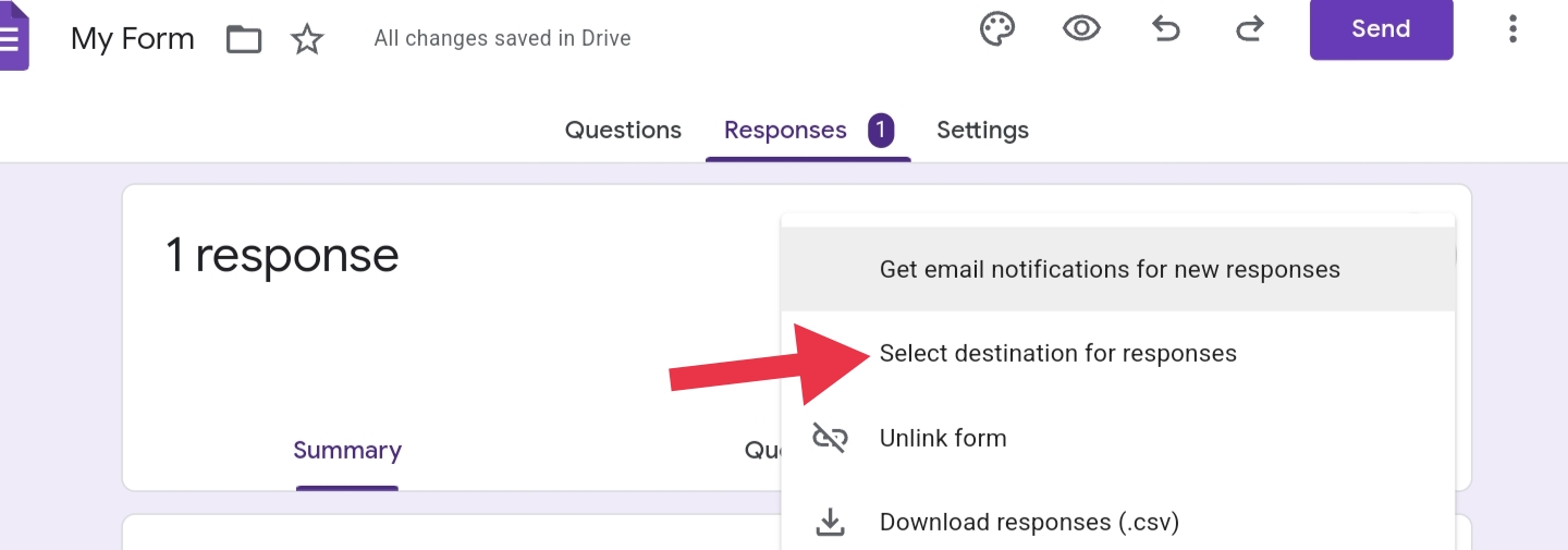 Arrow pointing to the option 'Select destination for responses'