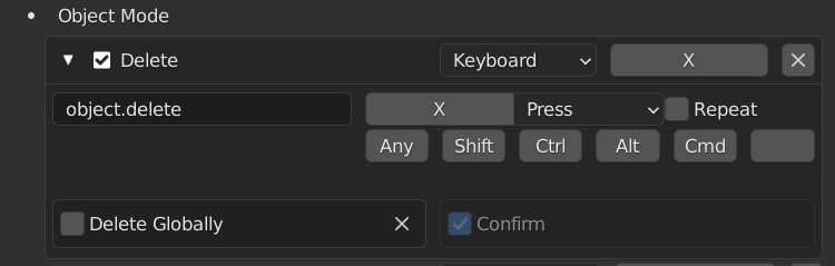 X key map entry for Object Mode