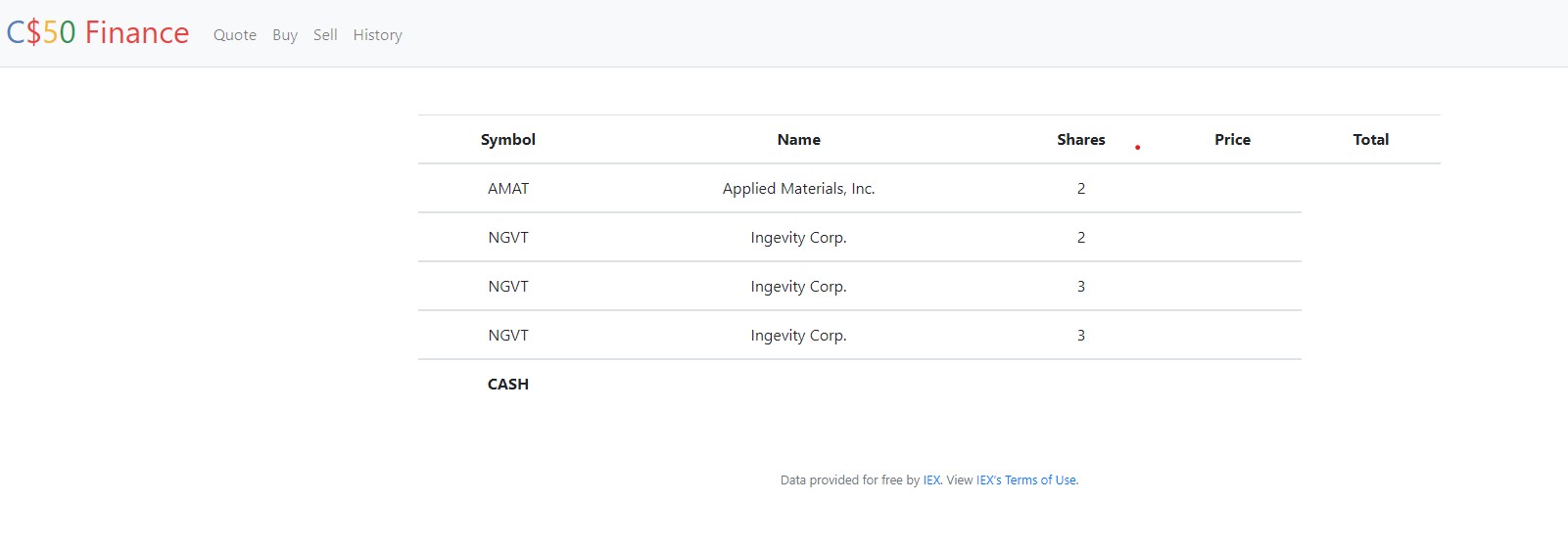 finance app index page