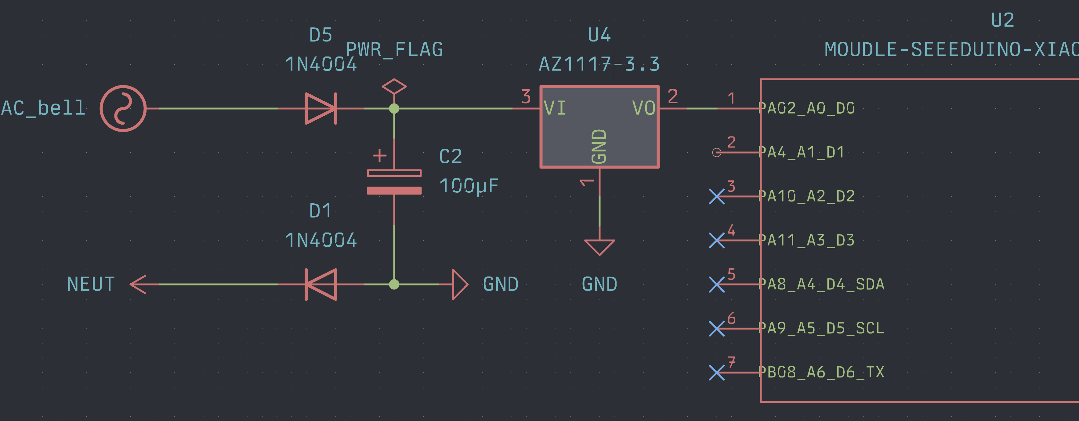 Wiring diagram showing an incoming AC connected to a half-wave rectifier with a smoothing capacitor, connected then to a 3.3 V voltage regulator which sends its output to a GPIO pin on a Seeedstudio XIAO