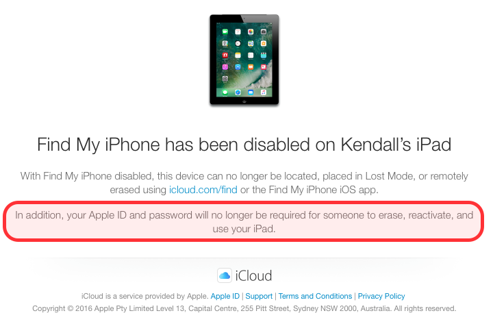 Confirmation email after turning off Find my iPad