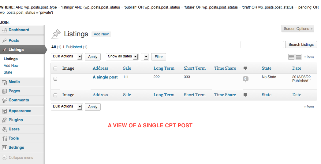 View of the single CPT post I'm using to test