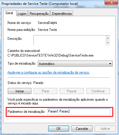Parâmetros na inicialização do serviço