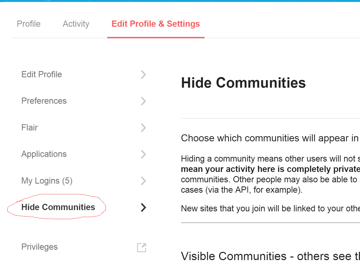 edit profile... -> hide communities