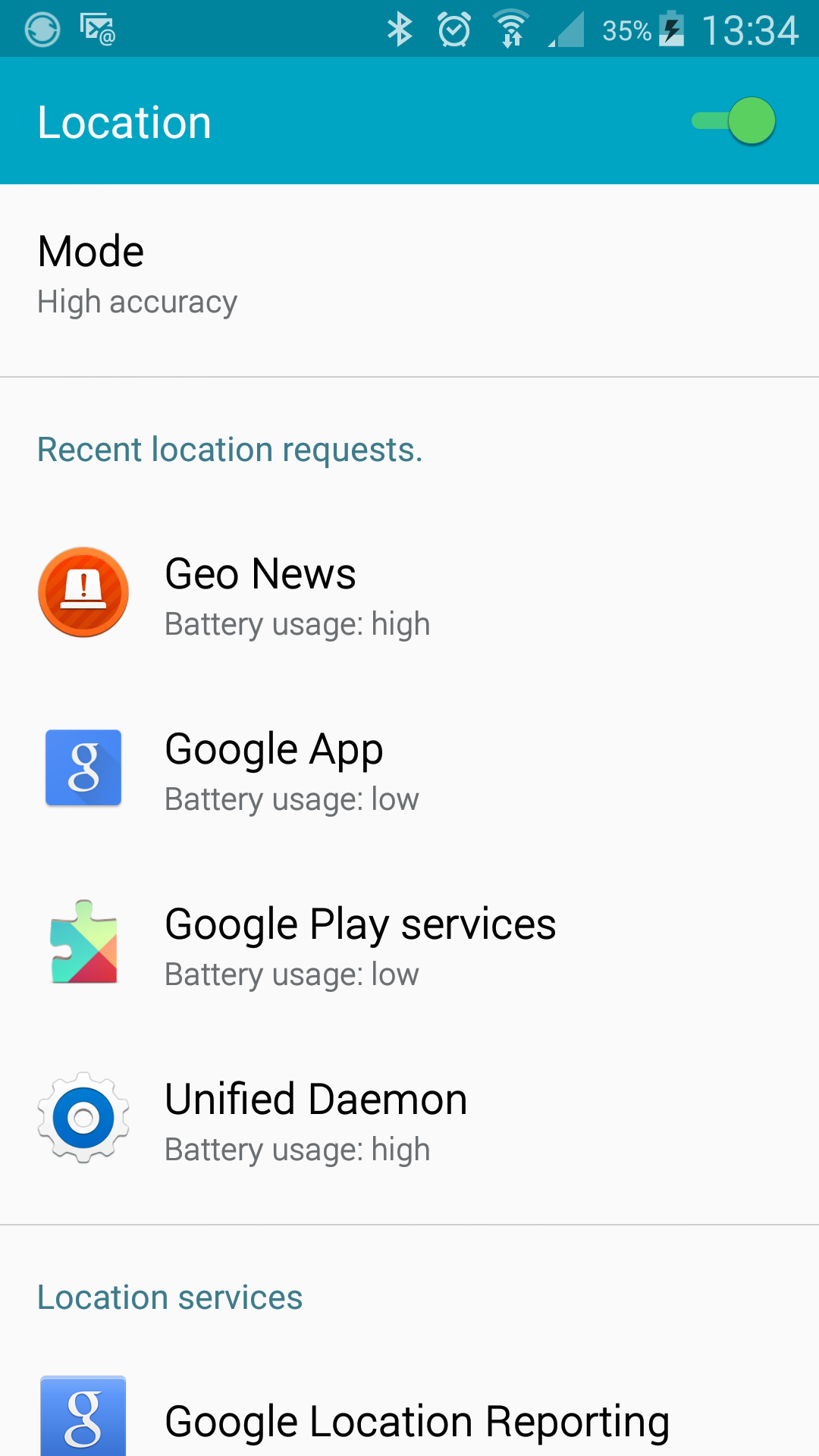 location page shows geonews and unified daemon drain battery