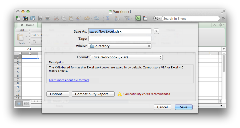 screenshot of Excel allowing entry of / within a file name