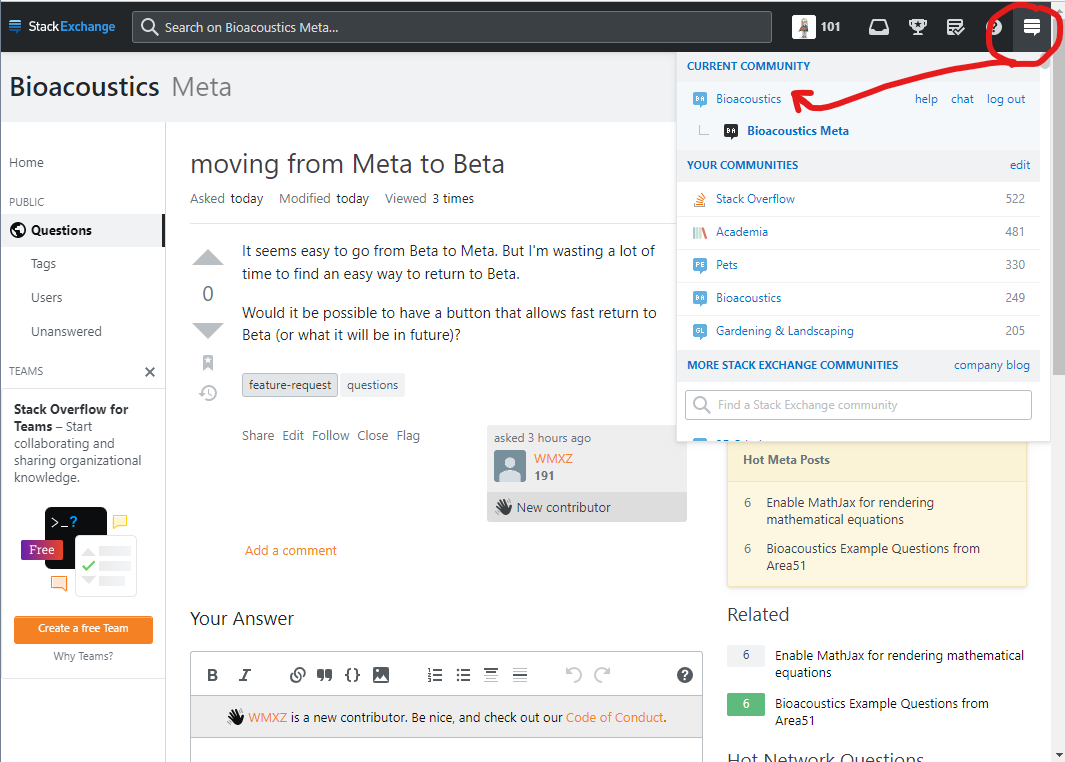 Screenshot showing how to access the menu to take you back to the main Bioacoustics Beta site from within Meta