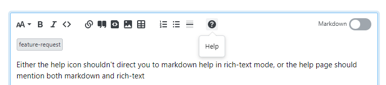 Screenshot of the editor in rich text mode with the tooltip for the help icon shown