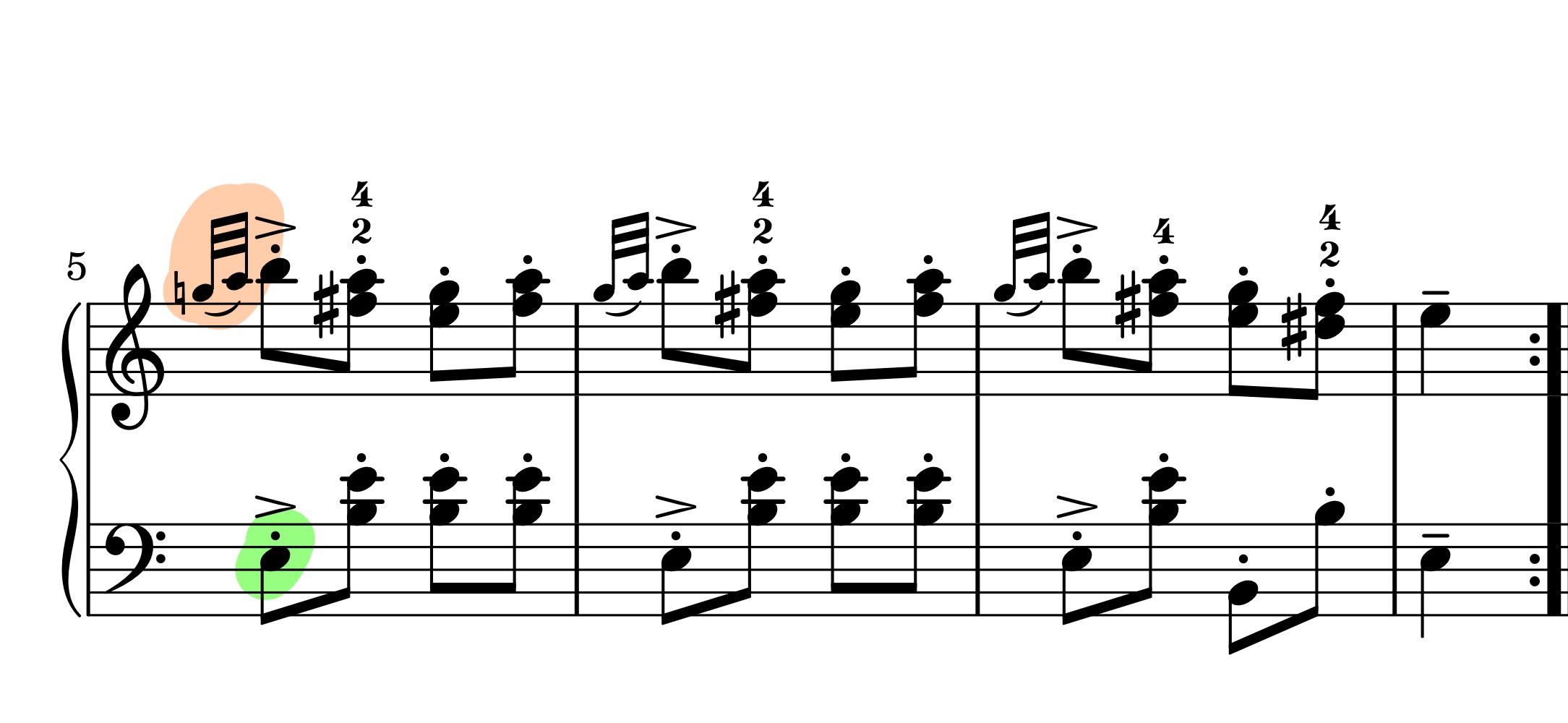 Mozart, K311, third movement, measures 5–7