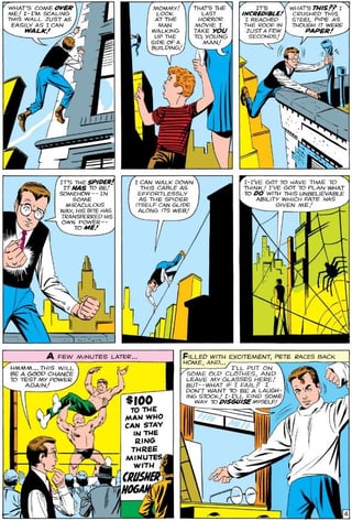 Spider-man's Origin: *Amazing Fantasy* #15, pg 4: Peter climbs buildings with very little grip, finds out his strength and his balance