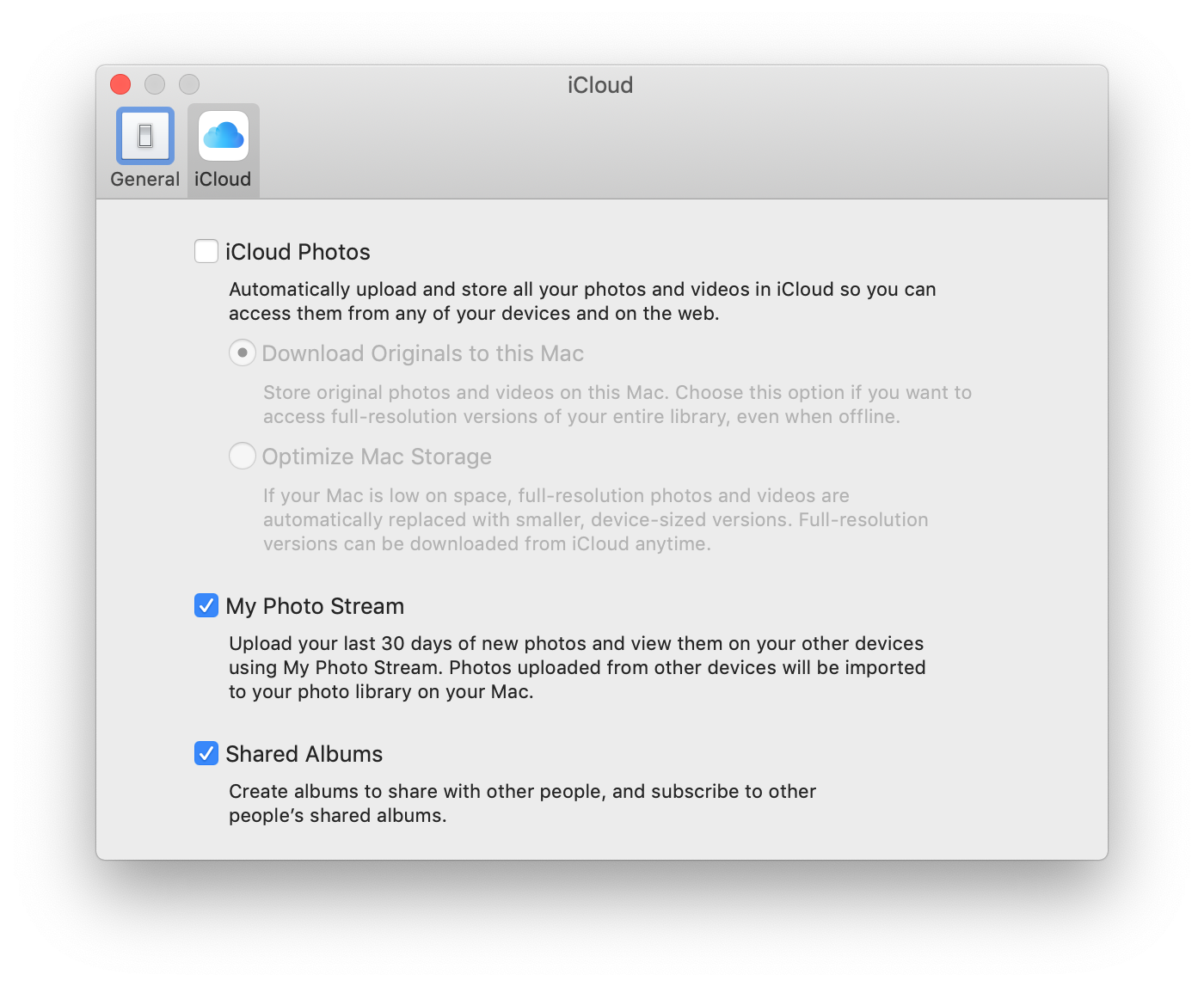 Photos iCloud settings - Screen Shot