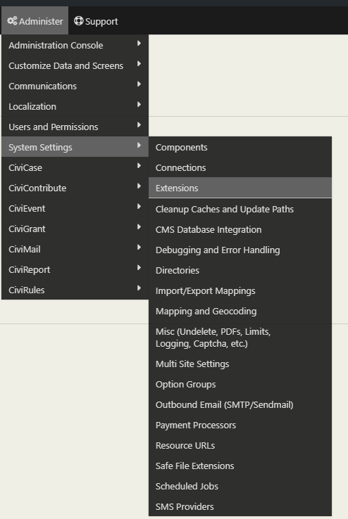 Administer > System Settings > Extensions