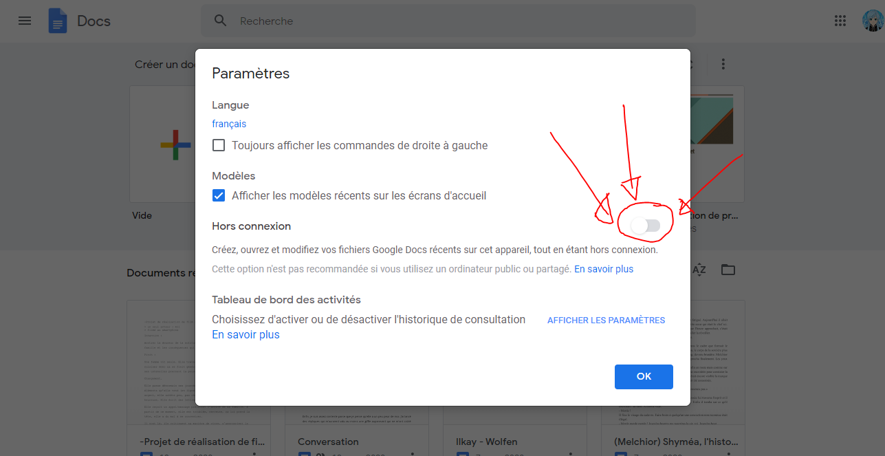 switch offline parameeters Google Docs, Sheets, etc.