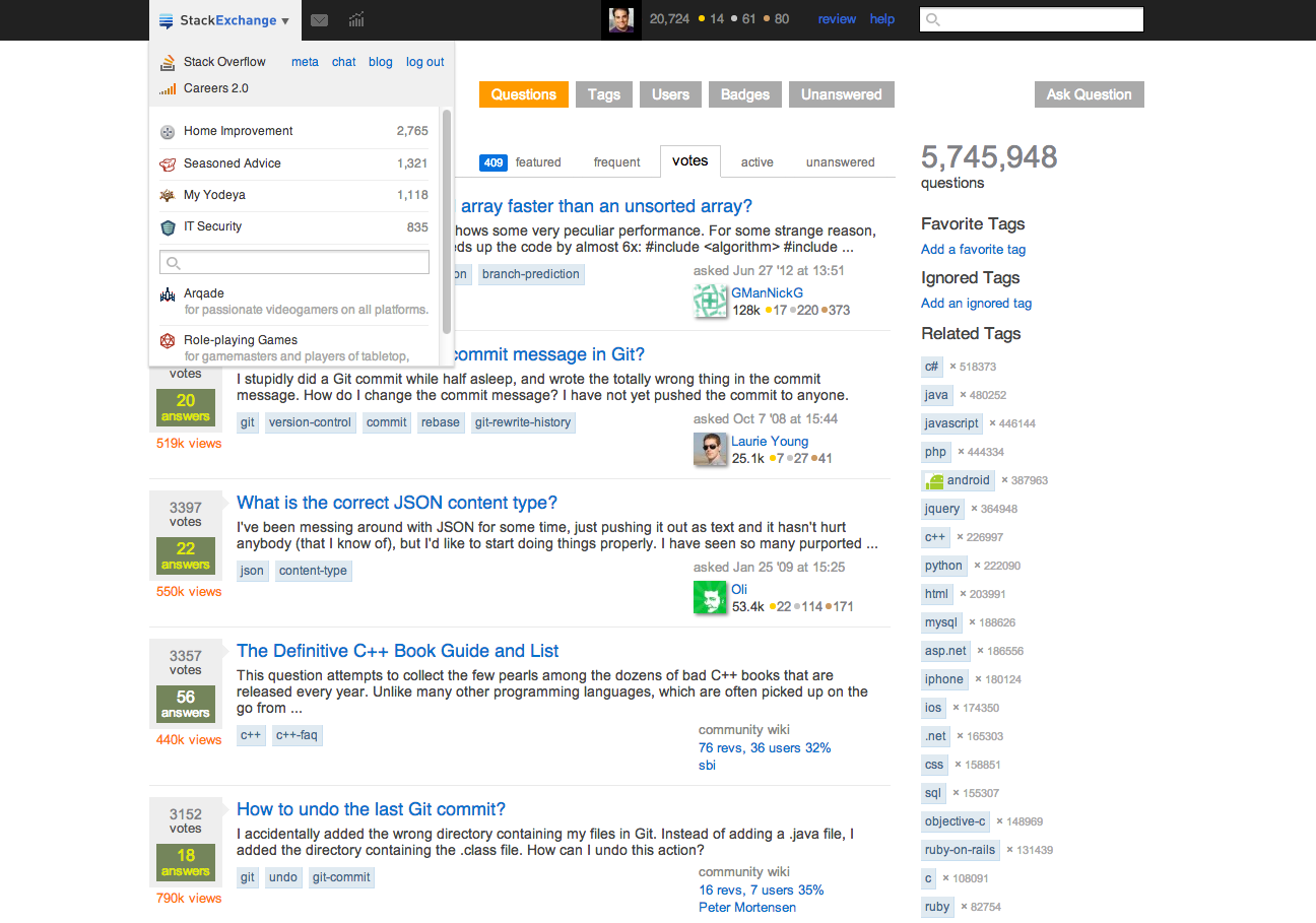 Stack Exchange menu opened