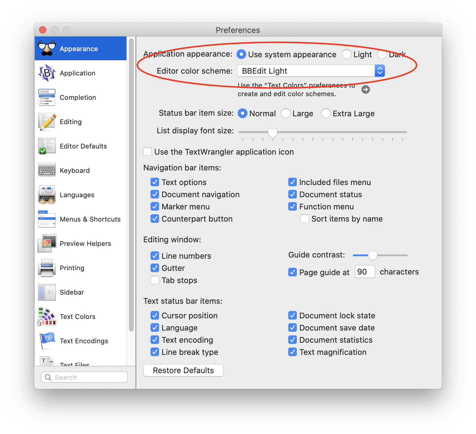 Screen shot of BBEdit 13.1's "Appearance" preferences, showing the color scheme setting which changes automatically