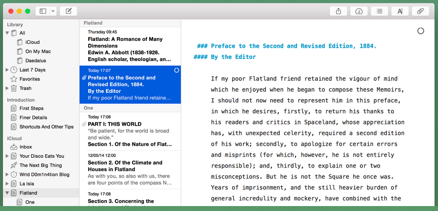 Ulysses showing list of sections and text of selected section