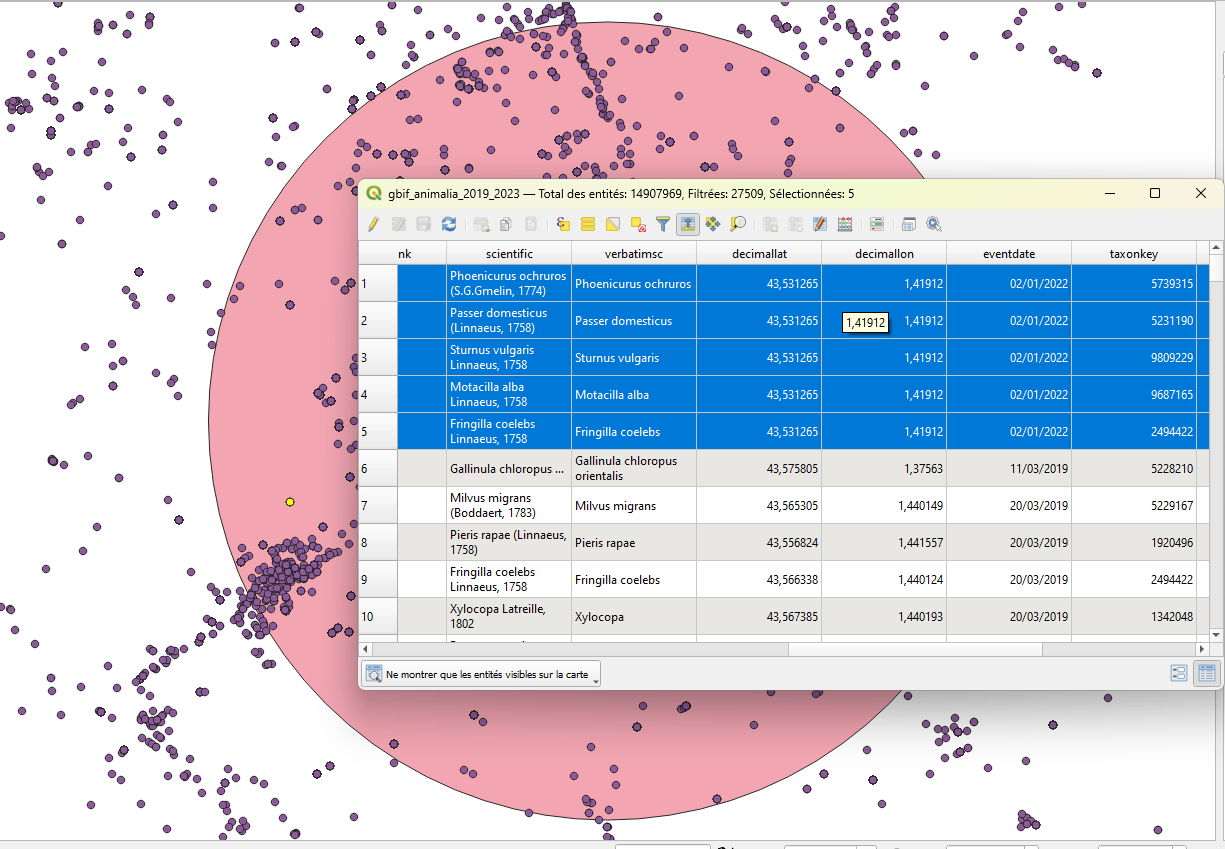 Screenshot of the Canva where I applied a selection by clicking on an entity and displaying the selection's attribute table.