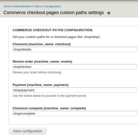 Commerce Checkout Paths admin page