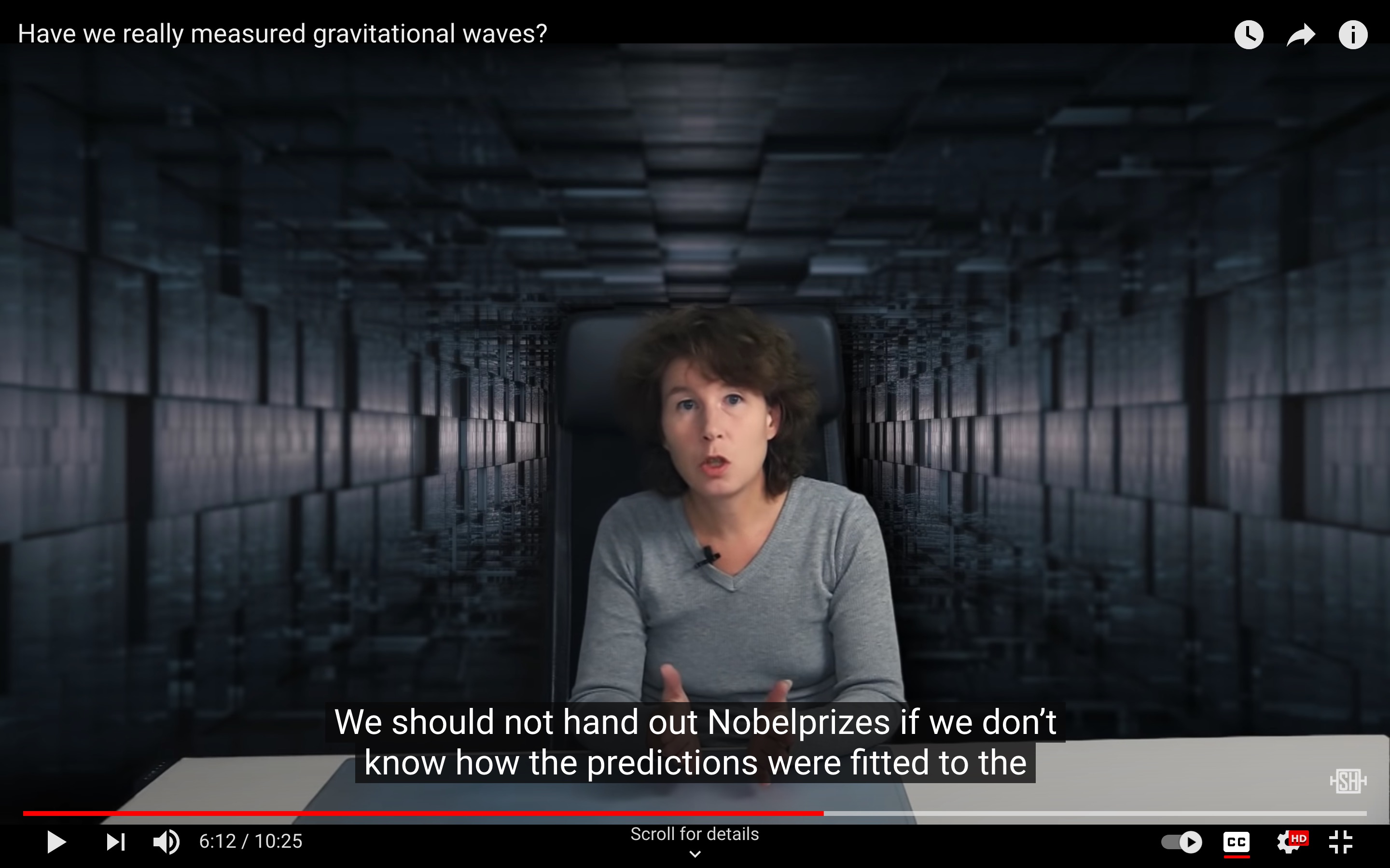 Screen capture with closed-caption of Sabine Hossenfelder's November 2019 video "Have we really measured gravitational waves?"